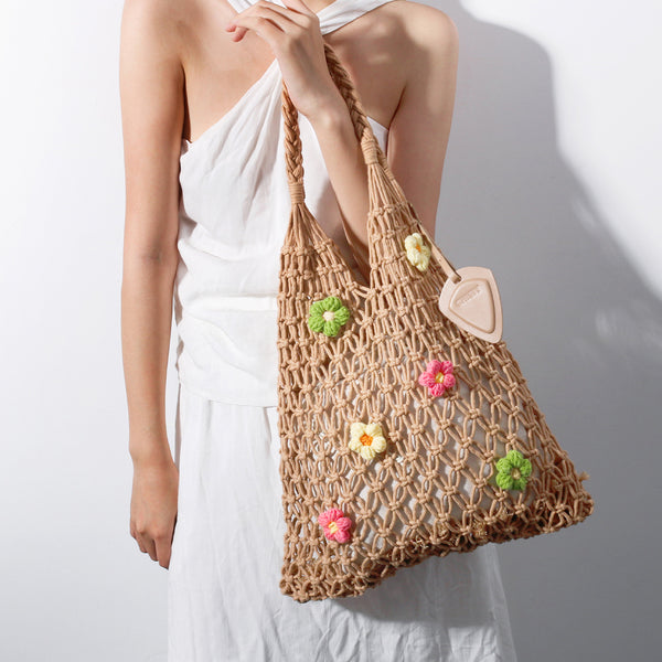 FOREST STYLE COTTON ROPE MESH BEACH BAG