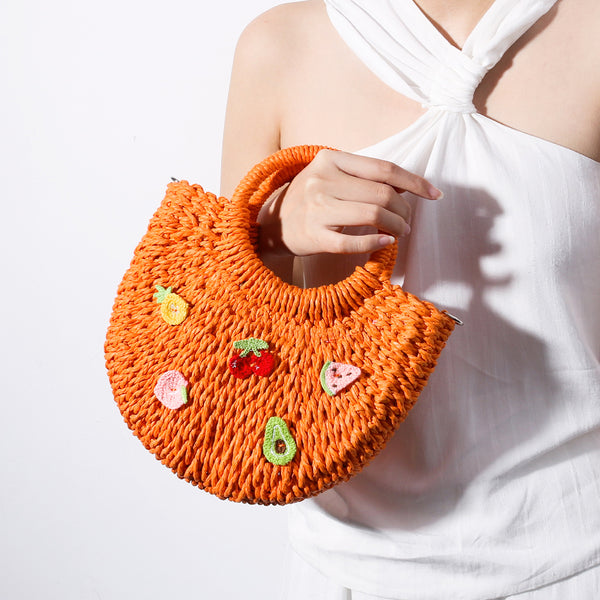 SUMMER COLORFUL SEMICIRCLE STRAW WOVEN BAG IN  TANGERINE_RED