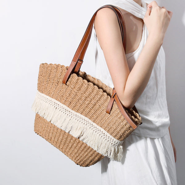 FRINGE TASSEL BUTTON SHOULDER STRAP STRAW WOVEN BAG